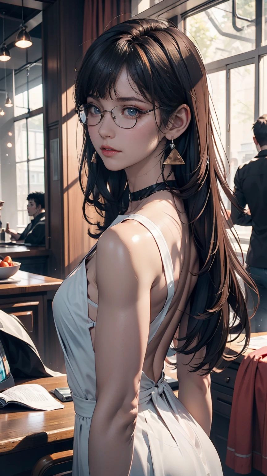 8k wallpaper, masterpiece, Cinema Lighting, Highest quality, figure, Elevation, ((color: 1.1)), ((color inner hair: 1.4)), One person, alone, Long Hair, water, blue eyes, Black glasses, choker, Lips parted, white choker, Liquid Hair, Black Hair, bangs, from ~ side, ~ side, Upper Body, Simple Background, 灰colorの背景, Exposing shoulders, Portraiture, Looking at the audience, White Dress, Hair between the eyes,Luxurious background、Earrings