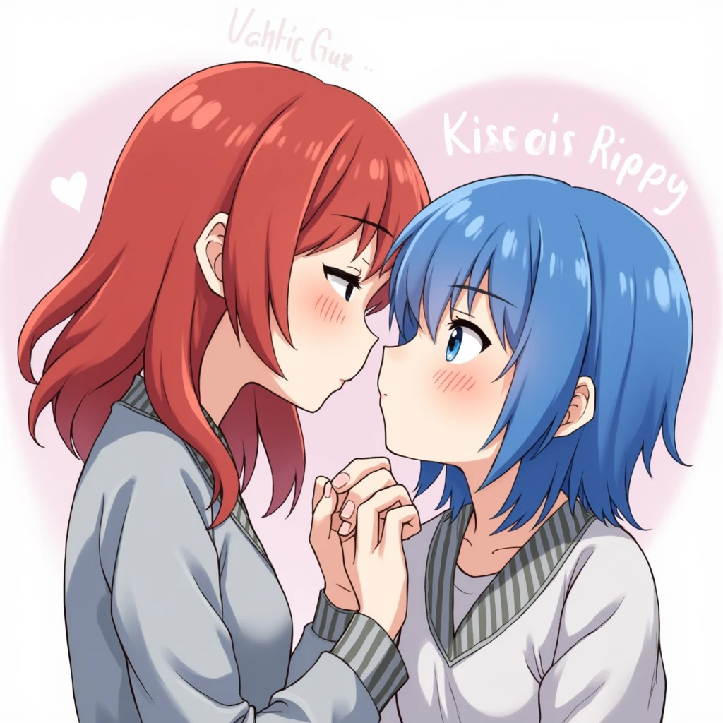 Requirements are as follows。A girl with red hair and、Blue hair。kissing faces with each other。