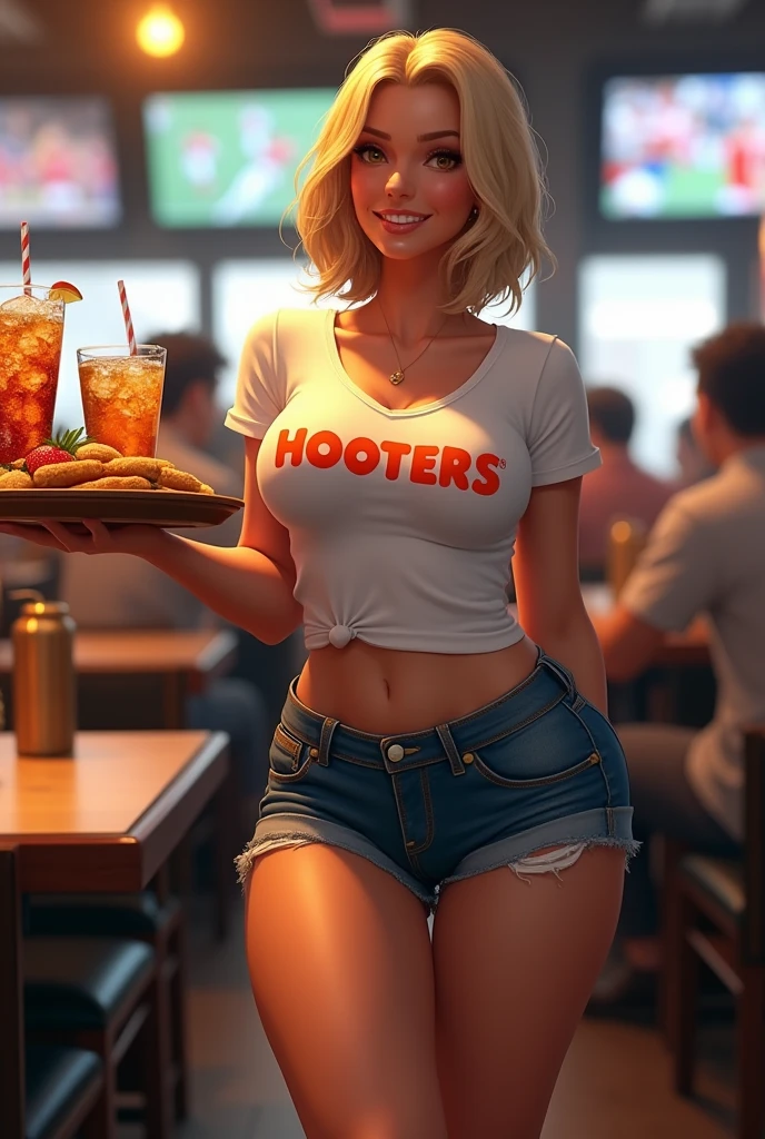 Realistic style and real women, she is Blonde with short hair, she has an hourglass figure, she has a surreal, hentai-like physique, with exaggerated curves that showcase large buttocks and voluminous breasts and she is slim

A lively, smiling waitress behind the counter of a bustling Hooters restaurant, where the atmosphere is relaxed and friendly
wearing a figure-hugging, fitted Hooters t-shirt, with the iconic logo prominently displayed, and denim shorts to complement her uniform
her hair falls in silky waves, adding to her casual look, and she has a dazzling smile that draws customers' attention
in her hands, she carries a tray filled with iced drinks and typical dishes, such as chicken wings and crispy fries, which she serves with ease
with sparkling eyes, she engages customers in conversation, creating a warm and welcoming atmosphere as she juggles orders
in the background, screens showing sporting events, customers laughing and chatting, reinforcing the dynamic energy of the place
the atmosphere is lively and festive, capturing the daily life of a waitress who loves her job, interacting with customers while adding a touch of good humor to their experience.