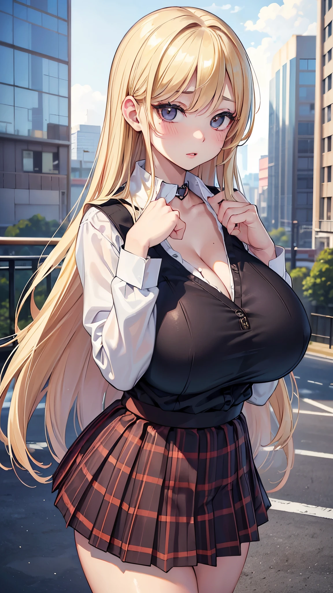 (masterpiece, 最high quality, 超High resolution, Very detailed), (Realistic:1.1, photoRealistic:1.4), Perfect illustration, Perfect lighting,Perfectly detailed hair, Perfect and exquisite face, Perfect collarbone, Perfect body,Juicy breasts, Perfect Thighs, Beautiful legs, View your audience, 1 person,Perfect Face, (Perfect Anatomy, Anatomically correct), Symmetrical face、((Shiny Hair)),Sexy Body、(masterpiece),(最high quality:1.3),8k,Very clear,(Ultra-realistic),Captivating woman,(high quality, High resolution, The finer details), Realisticなスタイルの女性,Juicy breasts、Perfect Woman、Perfect Face、Symmetrical face、、((bigな胸))、Cleavage、blush、((Juicy lips))、Cowboy Shot、(((amount、Bright blonde hair)))、((big, Double black eyes、Long eyelashes))、((Red Makeup))、(Open school uniform)、(((A white shirt with an open collar)))、(((Checkered pleated skirt)))、(((Curvaceous)))、(((burnt skin)))、(((Big tits jk)))、(rooftop、On the road)