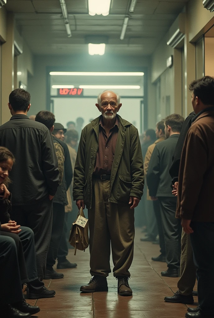 An old poor man went to the bank to withdraw money with serial and some people were standing on one side of him and some people were sitting on the other side