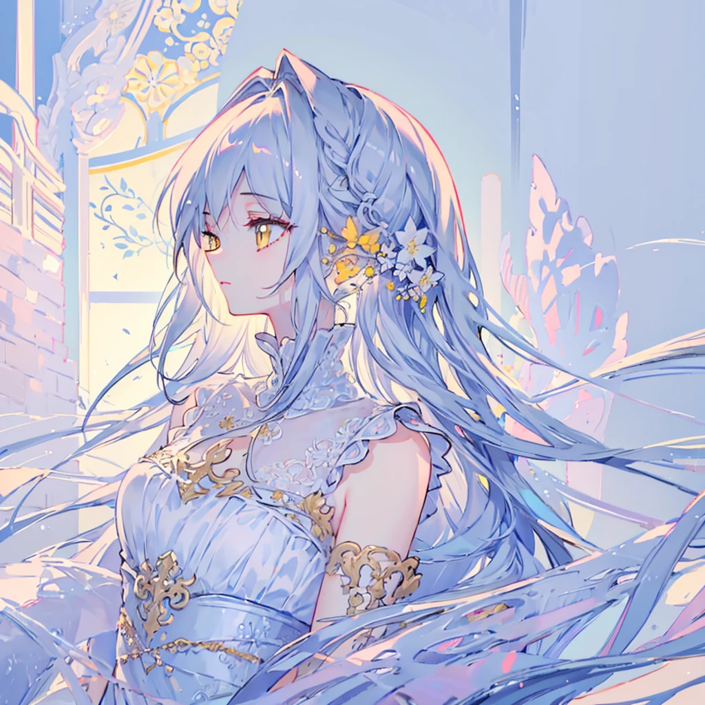 (masterpiece), (best quality, high resolution, Very detailed, illustration), 1 Girl, Solitary, Profile picture close-up, Silver long hair, Yellow eyes, Beautiful and delicate eyes, Selected flowing white hair,Optimal lighting, Best shadow