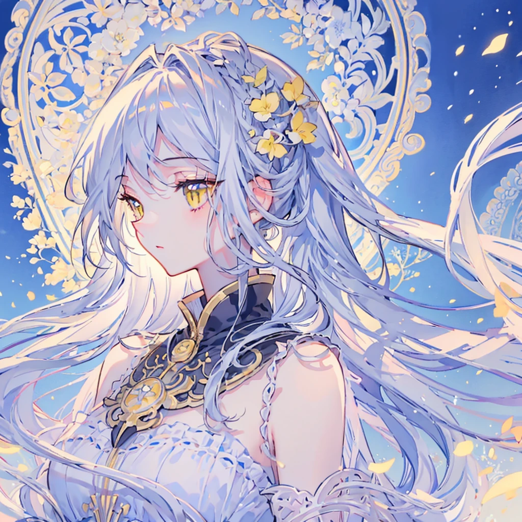 (masterpiece), (best quality, high resolution, Very detailed, illustration), 1 Girl, Solitary, Profile picture close-up, Silver long hair, Yellow eyes, Beautiful and delicate eyes, Selected flowing white hair,Optimal lighting, Best shadow