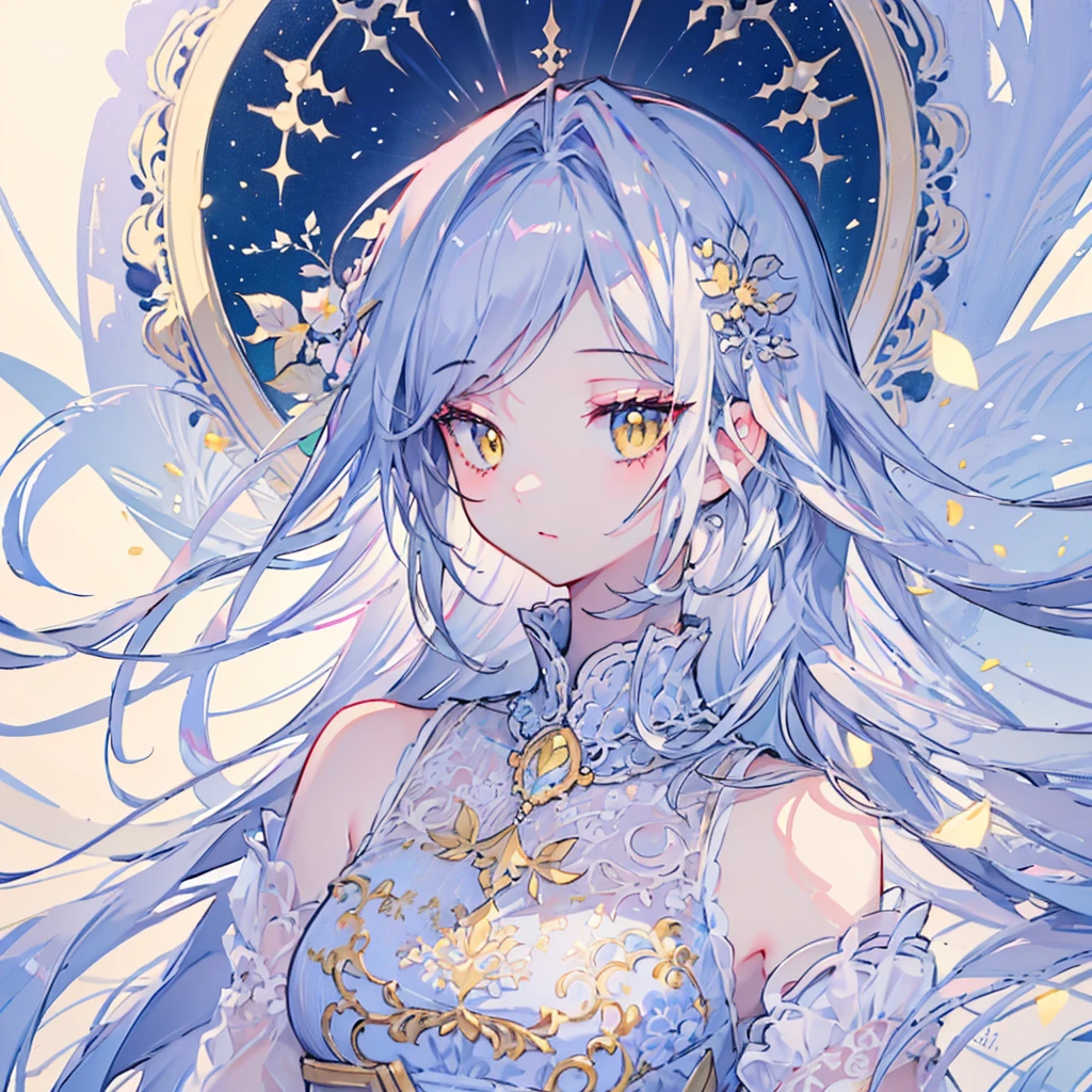 (masterpiece), (best quality, high resolution, Very detailed, illustration), 1 Girl, Solitary, Profile picture close-up, Silver long hair, Yellow eyes, Beautiful and delicate eyes, Selected flowing white hair，Optimal lighting, Best shadow