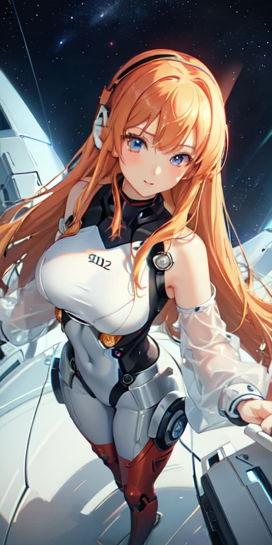 (view from above),Dynamic angle,ultra detailed, illustration, Close-up, Right on, 1 girl, 
 ((Suryu Asuka Langley, headset interface, red bodysuit:1.4, blonde)),Her eyes shone like Dreamy stars,(sparkling eyes:1.233),(Beautiful and detailed eyes:1.1),(inexpressive,closed mouth),(standing), 
(mechanical room with tools and spaceship window in white spaceship),
(night:1.2),Dreamy, [[gentle fingers and hands:0.55]::0.85],(detailed fingers),