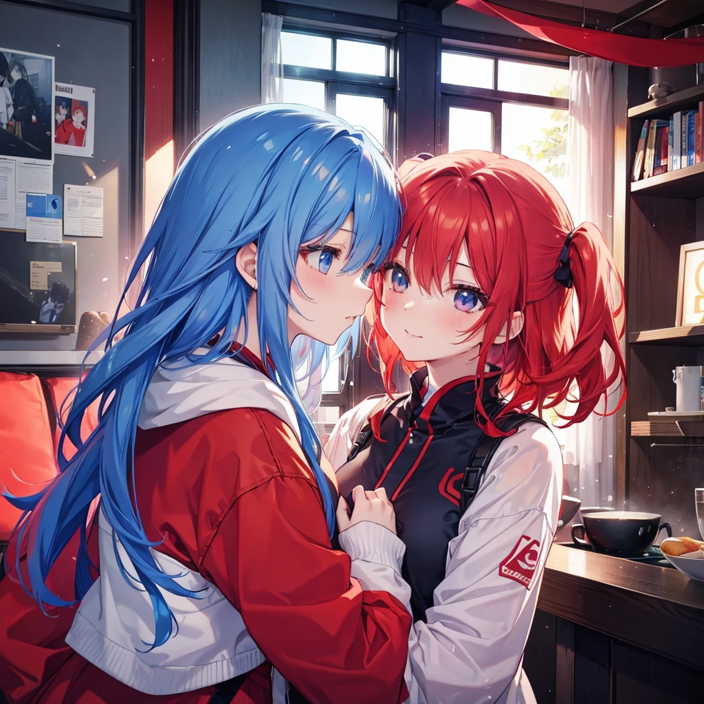 Requirements are as follows。A girl with red hair and、Blue hair。kissing faces with each other。