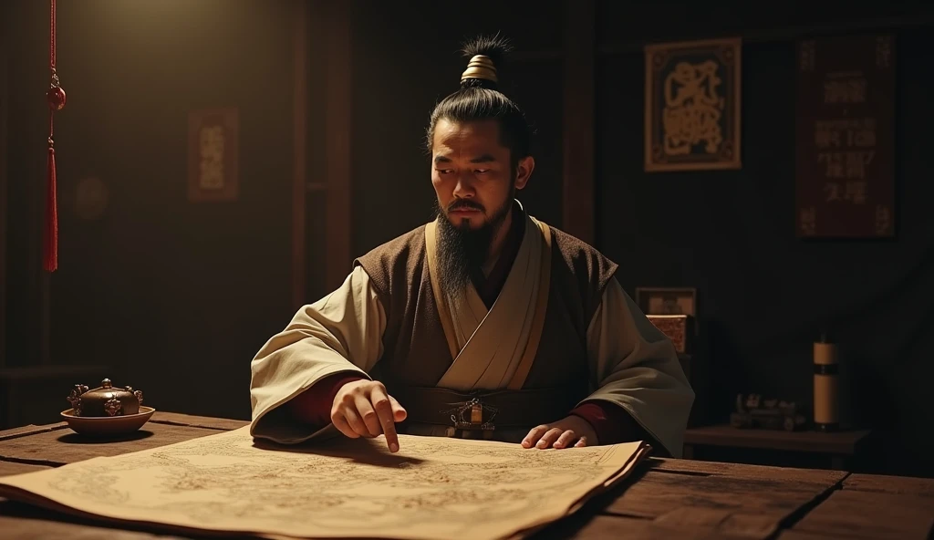A screenshot from a movie clip,Shot with ultra-clear camera,Describe the Warring States Period,An Asian-looking military advisor from Qi State sitting in a tent,There is a map in front of him,He holds a bamboo slip in his left hand,Right finger pointing at the map