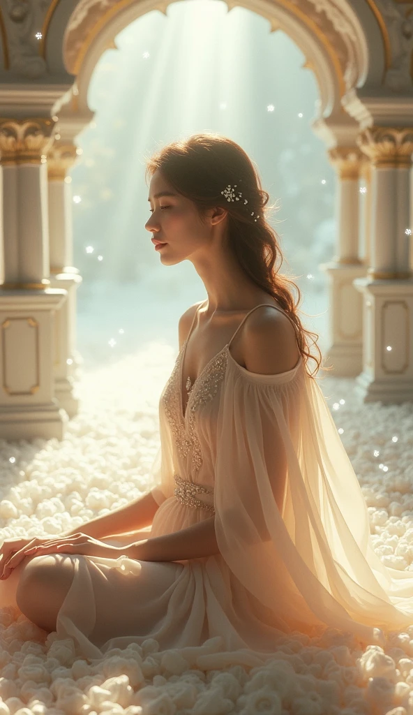 The image depicts a serene, ethereal scene with a young woman sitting gracefully. She is dressed in a flowing, light-colored dress adorned with delicate embellishments. The background features intricate, ornate architecture with soft lighting that creates a dreamy atmosphere. The setting appears to be indoors, with light filtering through, casting a magical glow around the woman. The overall aesthetic of the image is elegant and otherworldly, with a soft, pastel color palette and sparkling elements that add to the enchanting feel.
