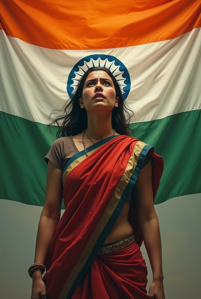Indian Lady standing infront of Indian flag in fear and anger
