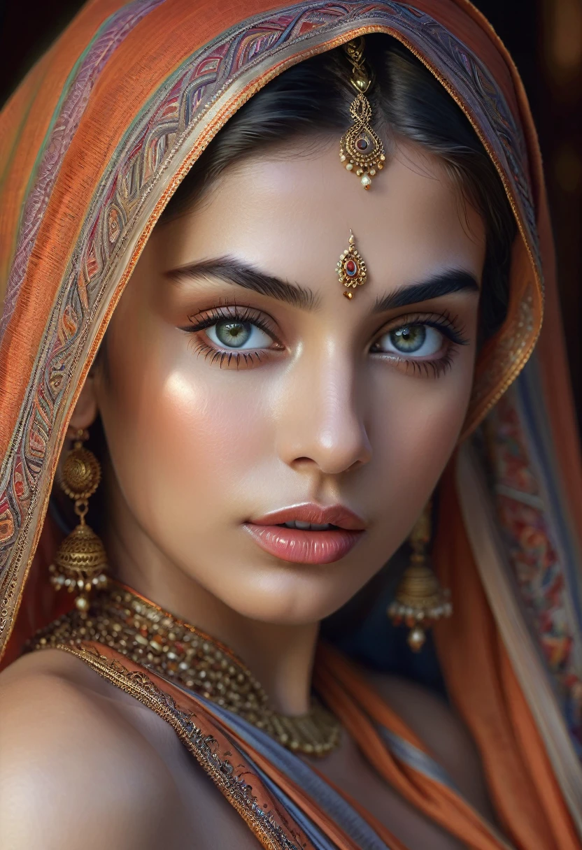 a 20 year old naked woman wrapped in a thin 1feet wide fabric, beautiful detailed eyes, beautiful detailed lips, extremely detailed face, long eyelashes, flowing sari, intricate sari patterns, natural lighting, photorealistic, hyper detailed, masterpiece, 8k, ultra-detailed, art by artgerm and alex grey, cinematic lighting, dramatic shadows