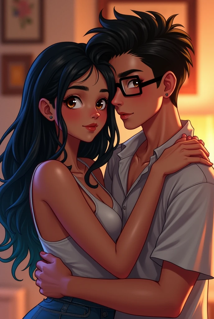 Couple of boyfriends she curvy body big cheeks black hair with blue, big brown eyes light skin with piercing in the nose and tongue and with light skin, straight hair styled up and small rectangular glasses