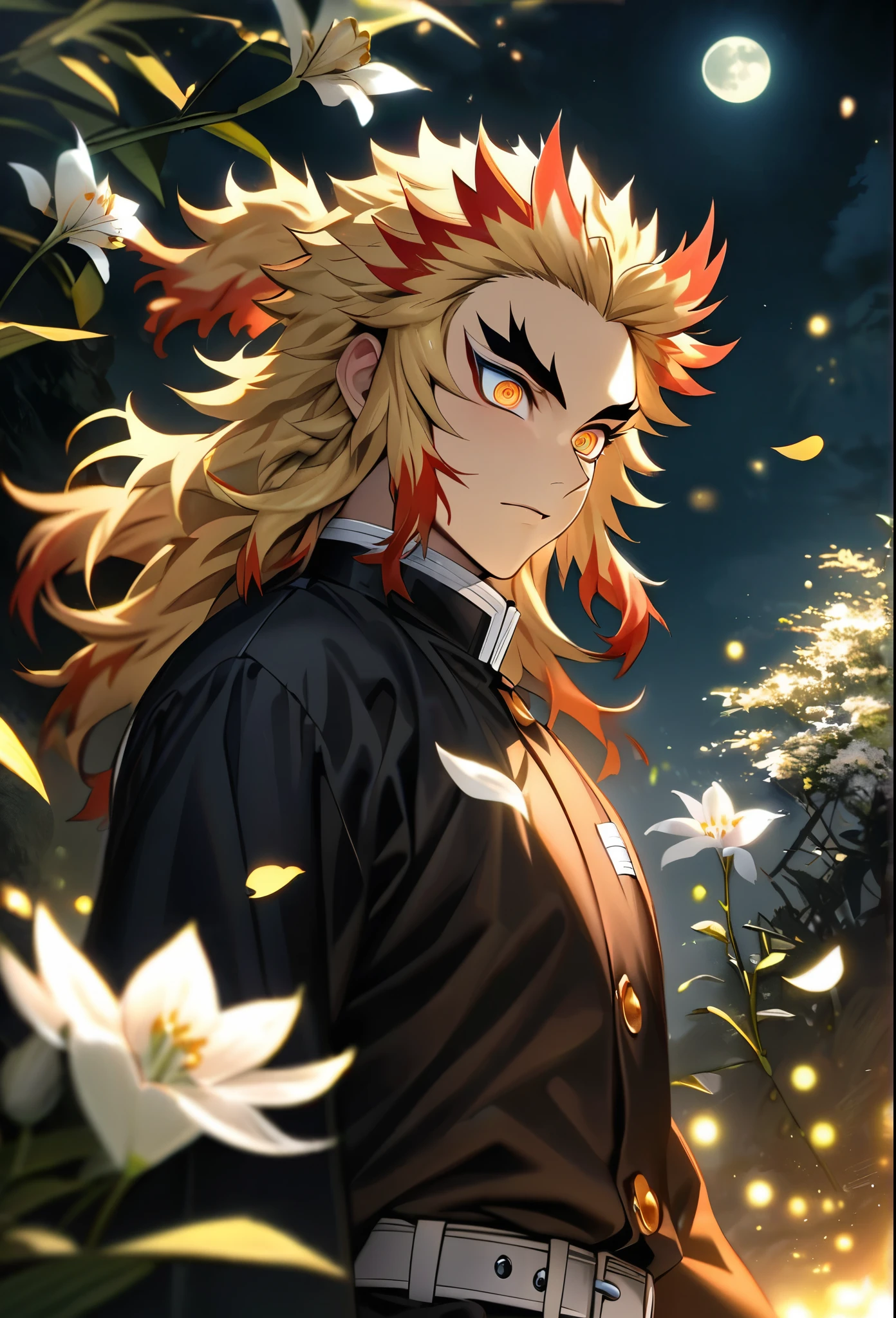 absurdres, highres, ultra detailed, HDR, master piece, best quality, Rengoku Kyojuro, blond hair, expressive orange eyes, Kimetsu No Yaiba, 1man, handsome, demon slayer uniform, petals, white lilies, moon, fireflies