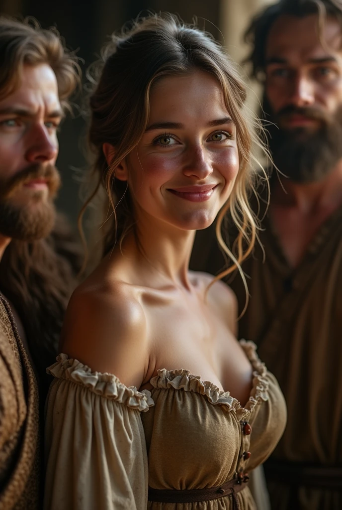 Photos, ultra-detailed, real skin, medieval female peasant, male villagers surrounding her, [[[Bright smile]]], upper body naked, big breasts, poor clothing, naive, blushing, [[freckles]]((petite)), (((Innocent, naive))), poor village, in the manger, ready to start the ,