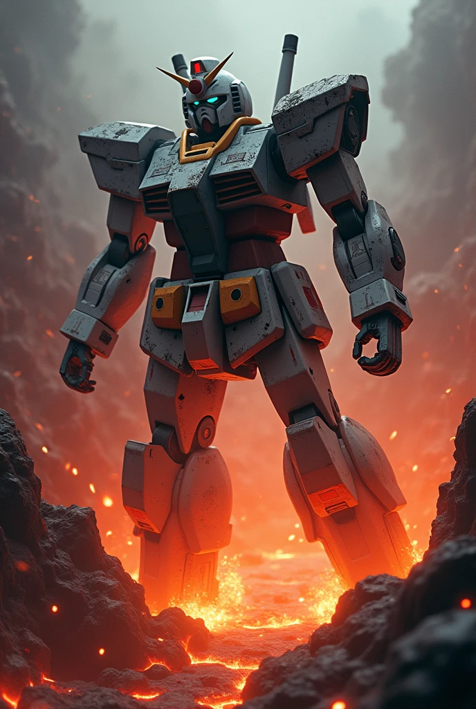 Gundam robot with no legs and no arms, heavily battle-damaged, seen from above as it falls into a lava-filled base, (best quality,4k,8k,highres,masterpiece:1.2),ultra-detailed,(realistic,photorealistic,photo-realistic:1.37),highly detailed mecha, intricate mechanical details, complex machinery, depth of field, dramatic lighting, cinematic composition, fiery lava base, molten rock textures, volumetric fog, chiaroscuro lighting