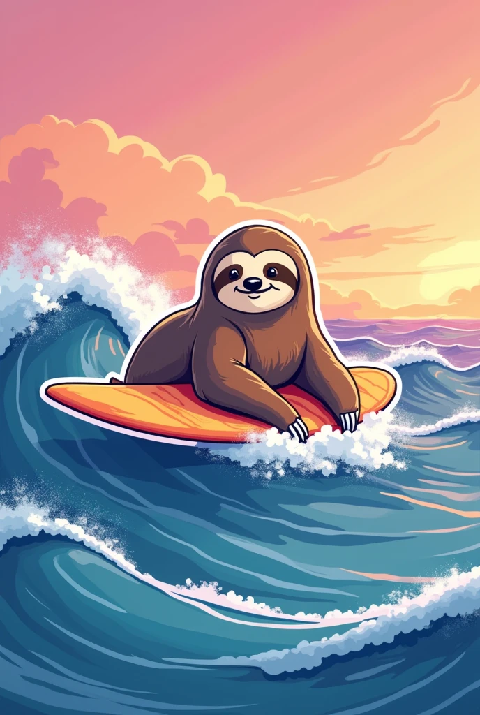 Sloth on top of a surfboard in the ocean wave, in the colors pink orange and purple, sticker style .