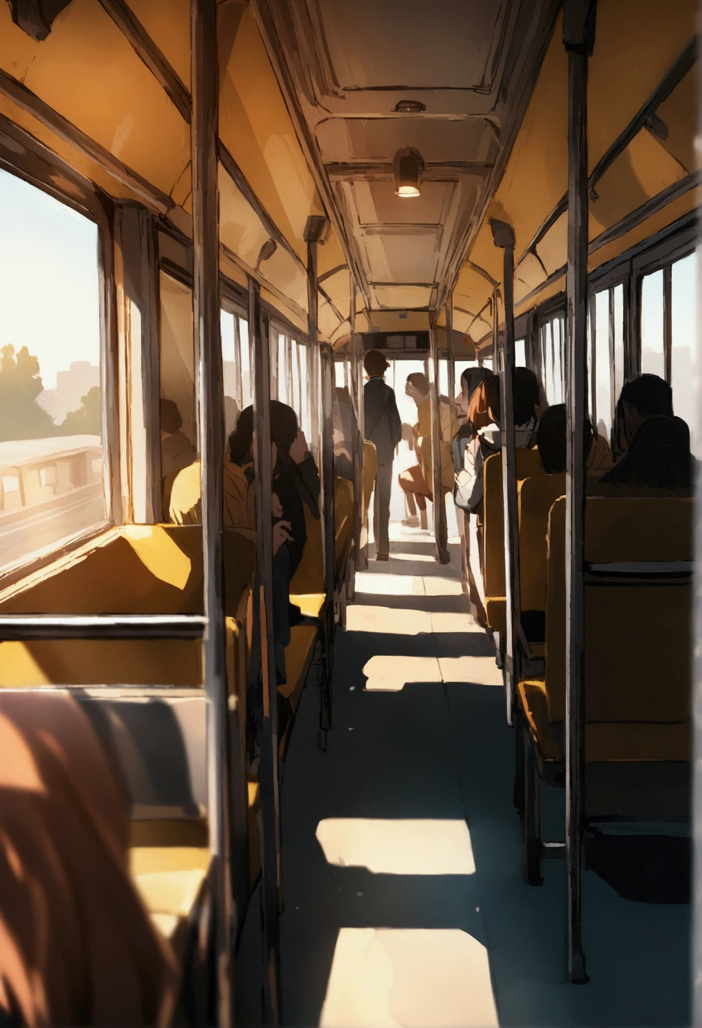 A person walks in school bus with his backpack and people sitting on Seats With a camera angle showing a person's face 