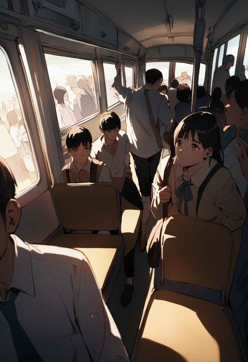 A person walks in school bus with his backpack and people sitting on Seats With a camera angle showing a person's face