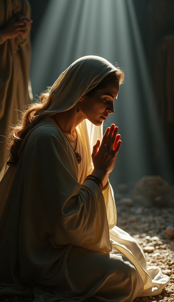 a beautiful virgin mary kneeling and praying before the resurrected jesus christ, highly detailed face and expression, angelic, chiaroscuro lighting, cinematic, dramatic atmosphere, sacred, intricate details, masterpiece, photorealistic, 8k, (best quality,4k,8k,highres,masterpiece:1.2),ultra-detailed,(realistic,photorealistic,photo-realistic:1.37),HDR,UHD,studio lighting,ultra-fine painting,sharp focus,physically-based rendering,extreme detail description,professional,vivid colors,bokeh,religious,spiritual,renaissance,oil painting
