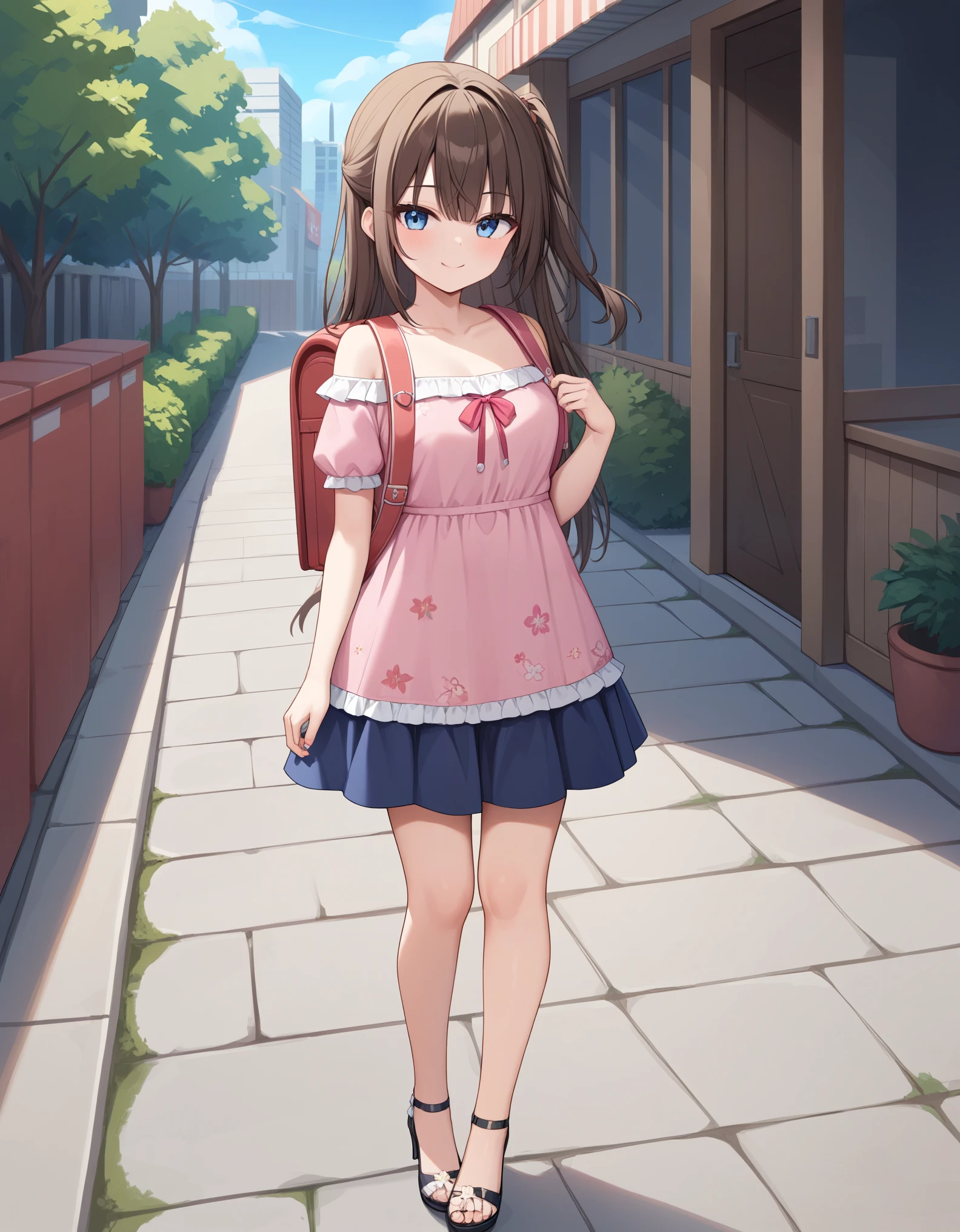 masterpiece, best quality, highres, 1girl, long hair, one side up, solo, ponytail,brown hair, blue eyes, bare shoulders, pink shirt, floral print, short sleeves, off-shoulder shirt, frills, blue skirt, cowboy shot, smile,standing, fullbody, wear high heels, wearing randoseru backpack, (randoseru backpack:1.2), outdoor, day