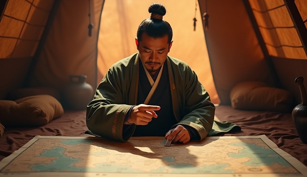 A screenshot from a movie clip,Shot with ultra-clear camera,Describe the Warring States Period,An Asian-looking military advisor from Qi State sitting in a tent,There is a map in front of him,He holds a bamboo slip in his left hand,Right finger pointing at the map