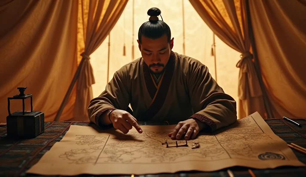 A screenshot from a movie clip,Shot with ultra-clear camera,Describe the Warring States Period,An Asian-looking military advisor from Qi State sitting in a tent,There is a map in front of him,He holds a bamboo slip in his left hand,Right finger pointing at the map