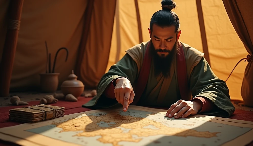 A screenshot from a movie clip,Shot with ultra-clear camera,Describe the Warring States Period,An Asian-looking military advisor from Qi State sitting in a tent,There is a map in front of him,He holds a bamboo slip in his left hand,Right finger pointing at the map