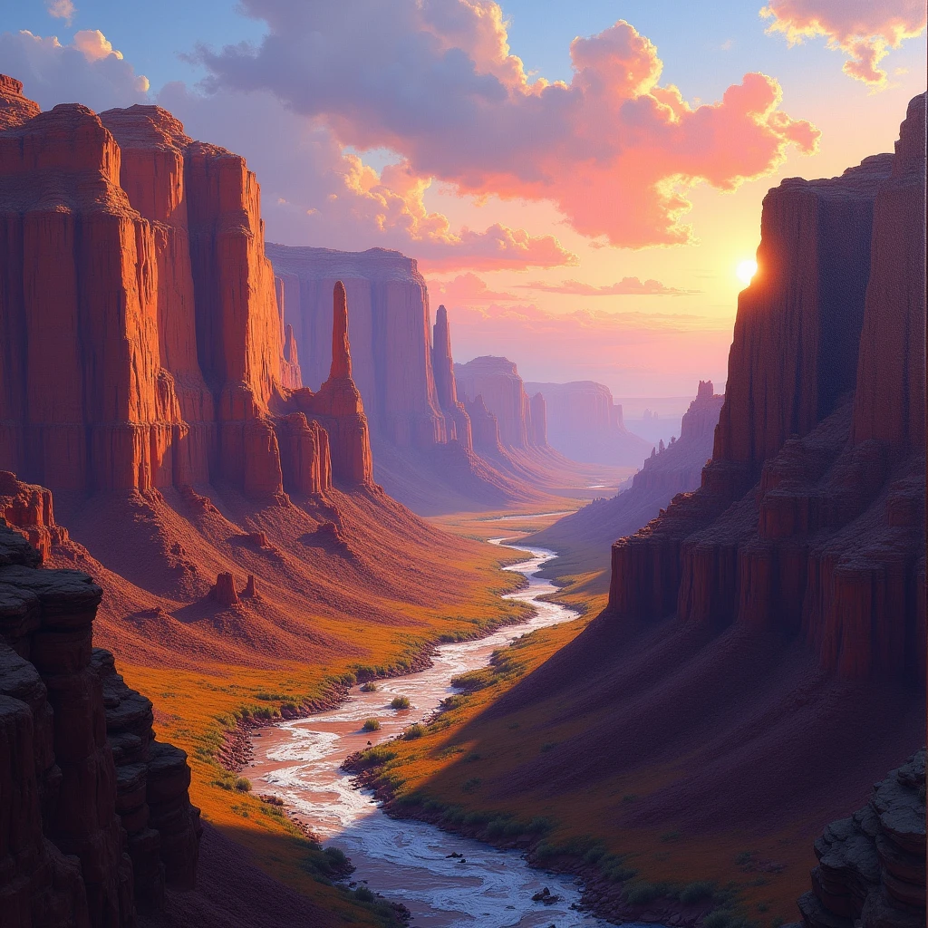 A cinematic oil painting of a wild canyon, with sharp details capturing the rugged rock formations and the vibrant colors of the setting sun lighting up the landscape.