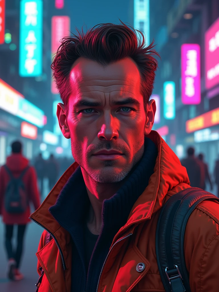 cinematic neon punk portrait of 24 yo [Arnold Schwarzenegger:Ryan Reynolds:0.5] as Doug Quaid walks in a Futuristic Bustling Business District of Martian Colony City Dome, Cyberpunk Skyscrapers Building, bustling bussy alley, expressionless smirk, intricate, frugal, highly detailed, intricate, digital painting, artstation, concept art, smooth, sharp focus, hyper photorealistic illustration, art by Don Lawrence and Frank Bellamy and alphonse mucha, 32k,