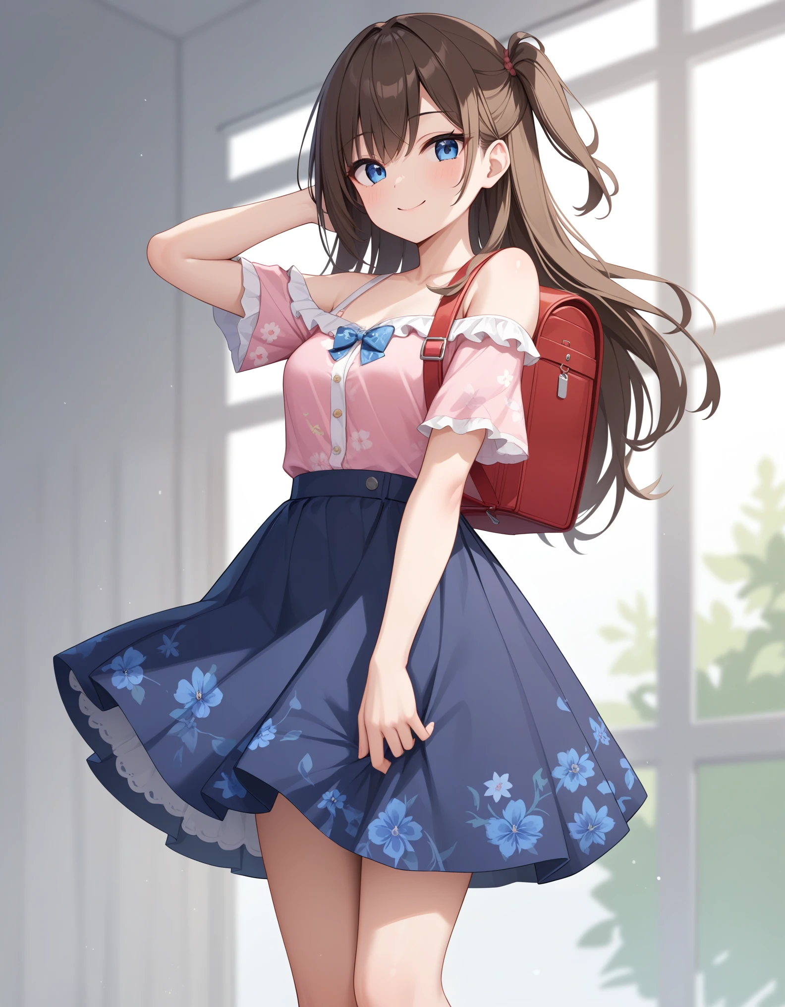 masterpiece, best quality, highres, 1girl, long hair, one side up, solo, ponytail,brown hair, blue eyes, bare shoulders, pink shirt, floral print, short sleeves, off-shoulder shirt, frills, blue skirt, cowboy shot, smile,standing, fullbody, wear high heels, wearing red backpack, school backpack 
