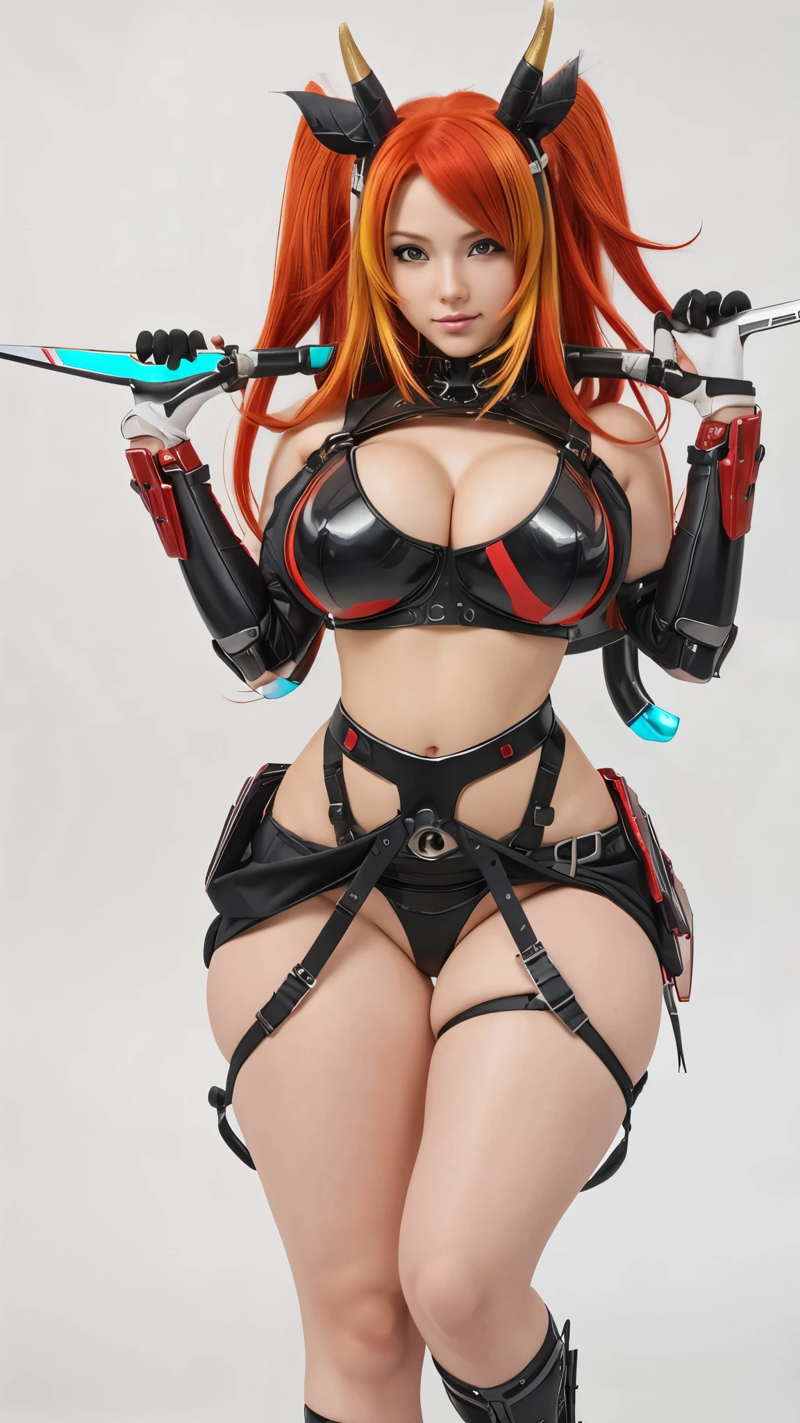 a cartoon picture of a woman with red hair and horns, seductive anime girl, oppai cyberpunk, biomechanical oppai, bunny girl, inspired by Masamune Shirow, rogue anime girl, anya from spy x family, thicc, detailed anime character art, anime character, female anime character, cutesexyrobutts, anime character art, guilty gear art style,((red and blond multicolored hair)) ((((red hair)))(((vibrant color)))