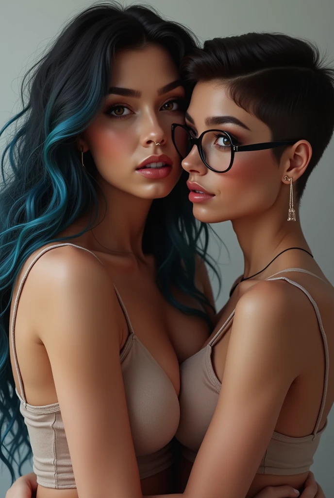 Couple of boyfriends she curvy body big cheeks black hair with blue, big brown eyes light skin with piercing in the nose and tongue and with light skin, straight hair styled up and small rectangular glasses