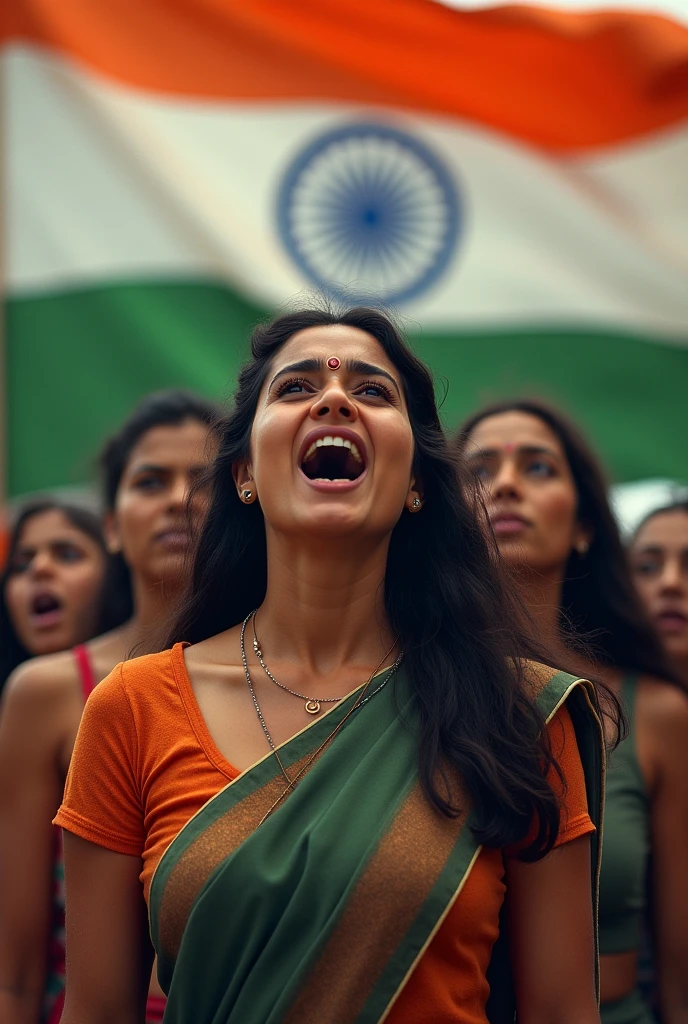 Indian Ladies standing infront of Indian flag in fear and anger