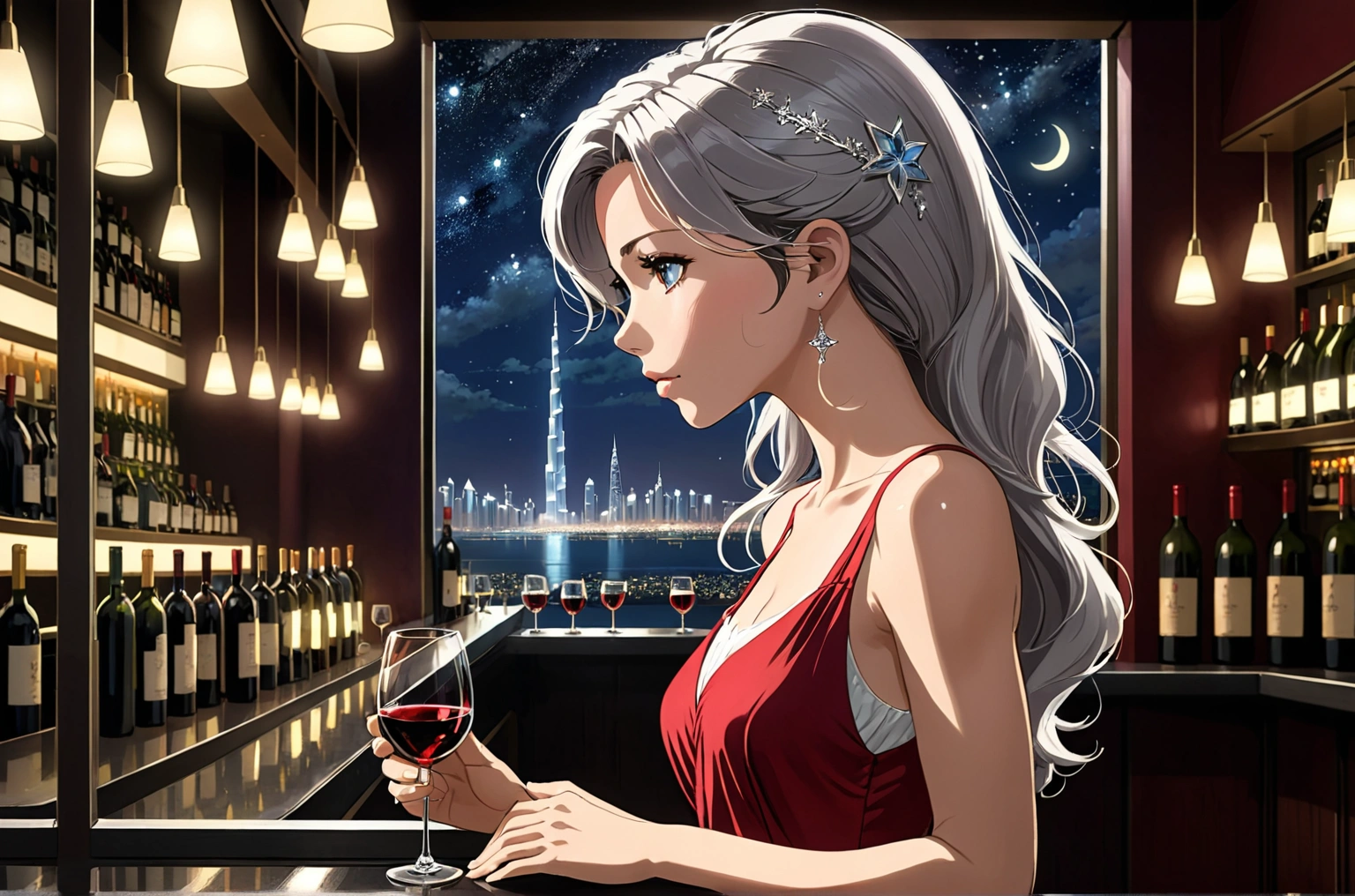 Uses Makoto Shinkai&#39;s depiction perfectly,Portrait of Kate Beckinsale,8k 4k masterpiece photos Dubai,A jazz bar with a glass ceiling,The twinkling stars can be seen through the glass windows.,It&#39;s a dark night outside,Jazz is playing,You can see the profile,Beautiful in profile,Long Hair,Silver Hair,Look in a different direction,Standing alone at the counter,There is a wine glass in front of me.１There are、Tight fitting red tank top dress,Bust is larger