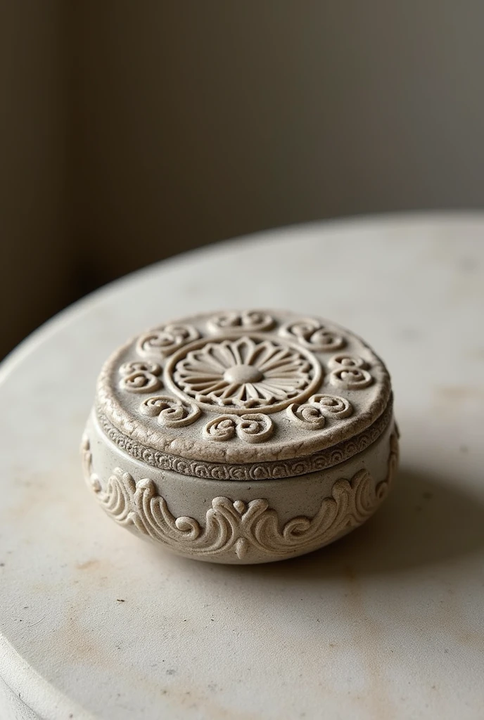 Create an image of a compact stone product, such as a jewelry box, a small statue, or a decorative accessory. The product should have an exquisite design, with a smooth surface, with intricate carvings or unique patterns, highlighting the natural stone material