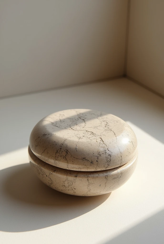 Create an image of a compact stone product, such as a jewelry box, a small statue, or a decorative accessory. The product should have an exquisite design, with a smooth surface, with intricate carvings or unique patterns, highlighting the natural stone material