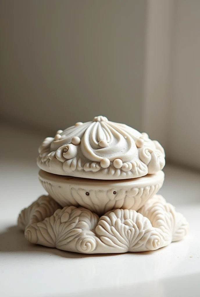 Create an image of a compact stone product, such as a jewelry box, a small statue, or a decorative accessory. The product should have an exquisite design, with a smooth surface, with intricate carvings or unique patterns, highlighting the natural stone material