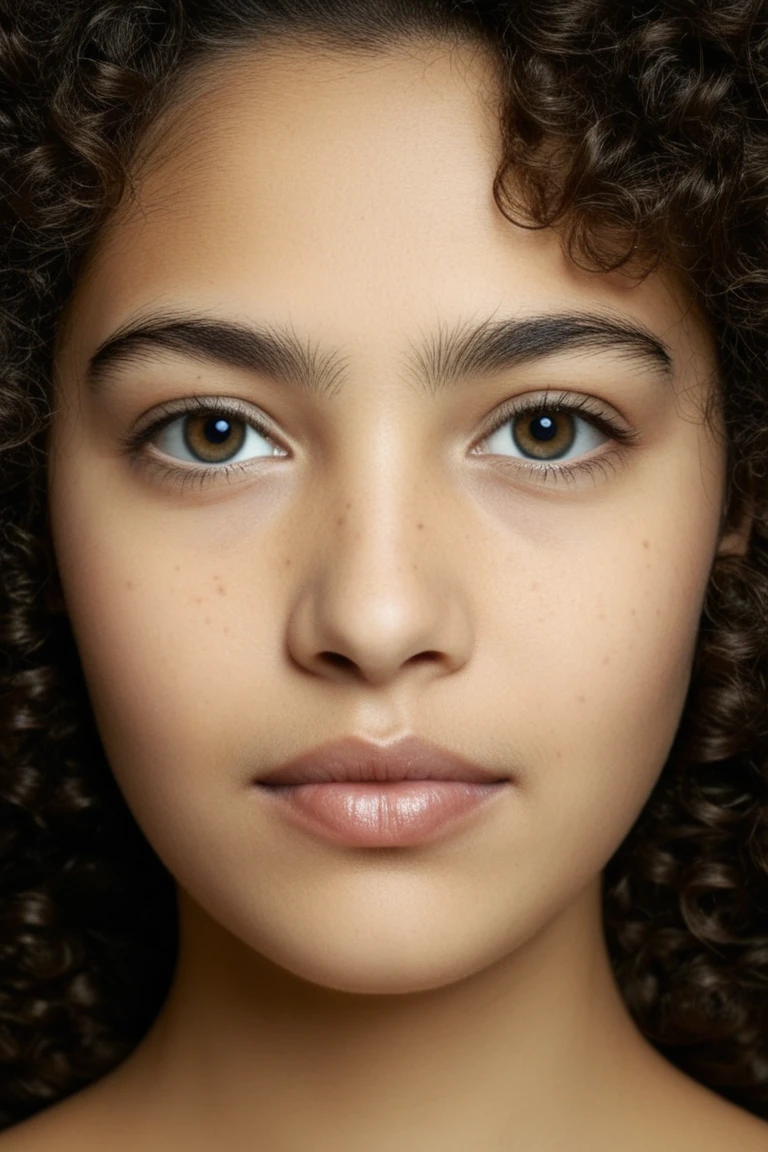Générez une image en gros plan portrait qui capture une jeune fille de 18 ans avec des cheveux boucler et un visage magnifique, regarder de manière séduisante et directement dans la caméra, avec un teint de peau bune metisse,l'image est en 4k haut definition, magnifique visage tres belle et attirante.