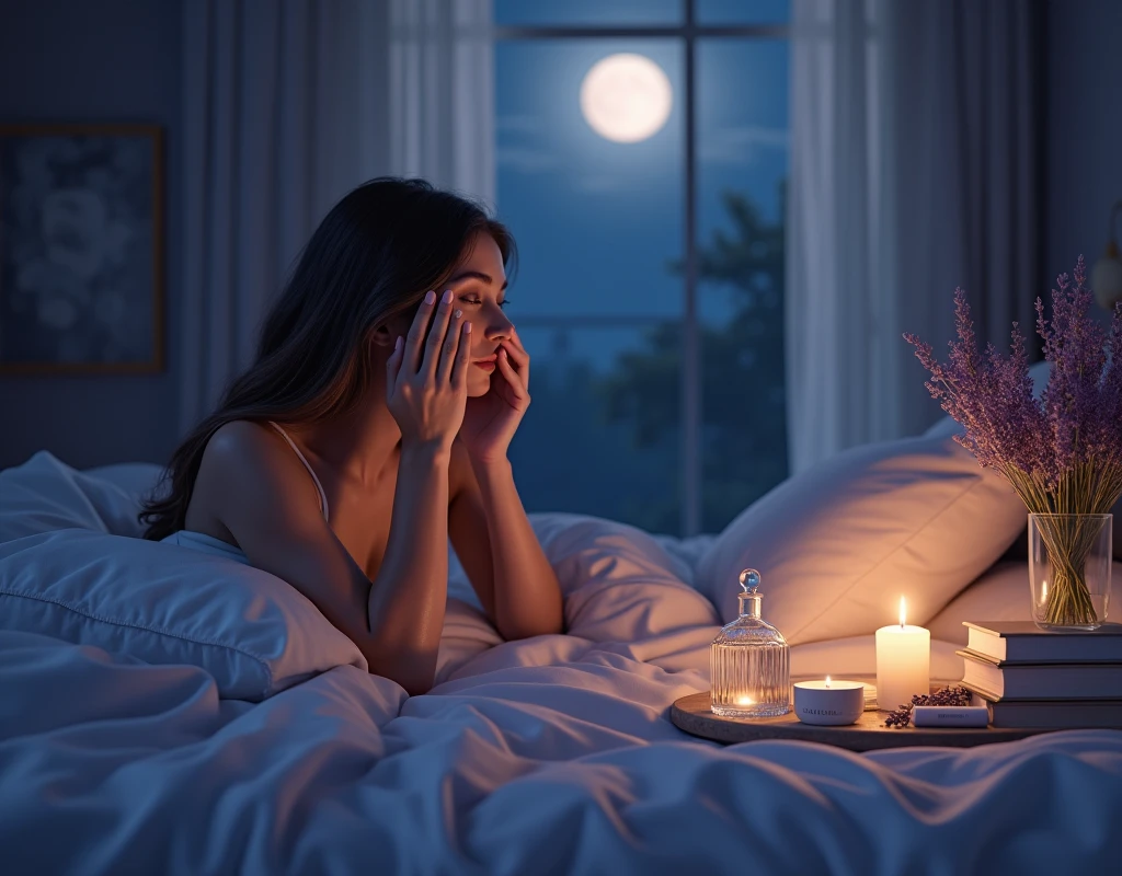 A serene nighttime bedroom scene, softly illuminated by moonlight streaming through a window. A luxurious bed with a silk pillowcase is the focal point, with a woman’s hands delicately applying cream to her face, reflecting a sense of calm and care. Nearby, a glass bottle of serum, a fluffy towel, and a lit lavender-scented candle create a tranquil atmosphere. On a nightstand, a small vase with fresh flowers, a lip balm, and a book titled 'Beauty Rituals ' add to the scene, emphasizing the idea of a transformative nighttime beauty routine.