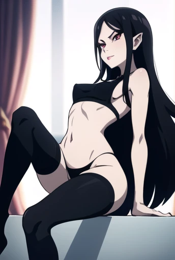 masterpiece, best quality, marceline, sexy, from bottom, showing breasts, stockings, black panties, black crop top, nipples