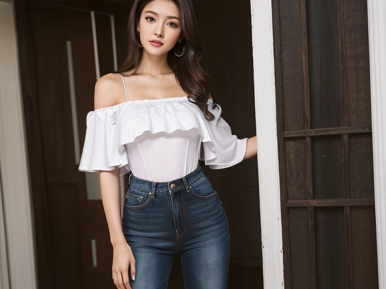 ((midnight, best quality, 8 thousand, masterpiece :1.3)), whole body, long legs, sharp focus :1.2, pretty girl with perfect body :1.4, slim abs :1.1, ((dark brown hair, big bust :1.2)), (white tight t-shirt, bib jeans, standing:1.2), ((Inside the house:1.3)), Highly detailed face and skin texture, detailed eyes, double eyelid, sunset, To become dark, backlight, off shoulder
