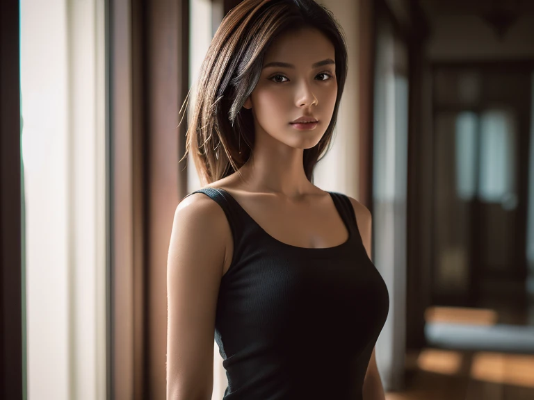 ((midnight, best quality, 8 thousand, masterpiece :1.3)), whole body, long legs, sharp focus :1.2, pretty girl with perfect body :1.4, slim abs :1.1, ((dark brown hair, big bust :1.2)), (white tight t-shirt, bib jeans, standing:1.2), ((Inside the house:1.3)), Highly detailed face and skin texture, detailed eyes, double eyelid, sunset, To become dark, backlight, off shoulder