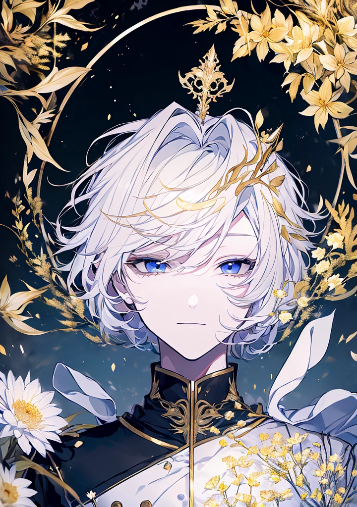 ((masterpiece: 1.2, Highest quality)), ((2 males)), Short blonde hair, blue eyes (good looking: 1.4), White suit, uniform, Royalty, Tough Black Knight, Short black hair, Golden Eyes, Wound on the right eye, Black Armor, Fantasy, forest, Blooming Flowers, sunlight, Fantastic Light and Shadow, landscape, Highly detailed face, Portraiture, smile