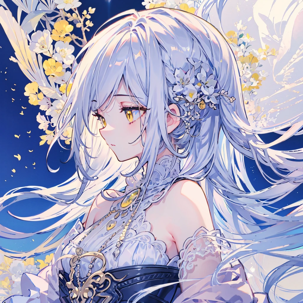 (masterpiece), (best quality, high resolution, Very detailed, illustration), 1 Girl, Solitary, Profile picture close-up, Silver long hair, Yellow eyes, Beautiful and delicate eyes, Selected flowing white hair，Optimal lighting, Best shadow