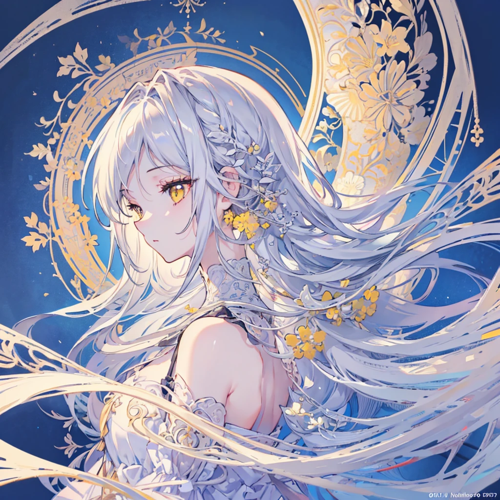 (masterpiece), (best quality, high resolution, Very detailed, illustration), 1 Girl, Solitary, Profile picture close-up, Silver long hair, Yellow eyes, Beautiful and delicate eyes, Selected flowing white hair,Optimal lighting, Best shadow