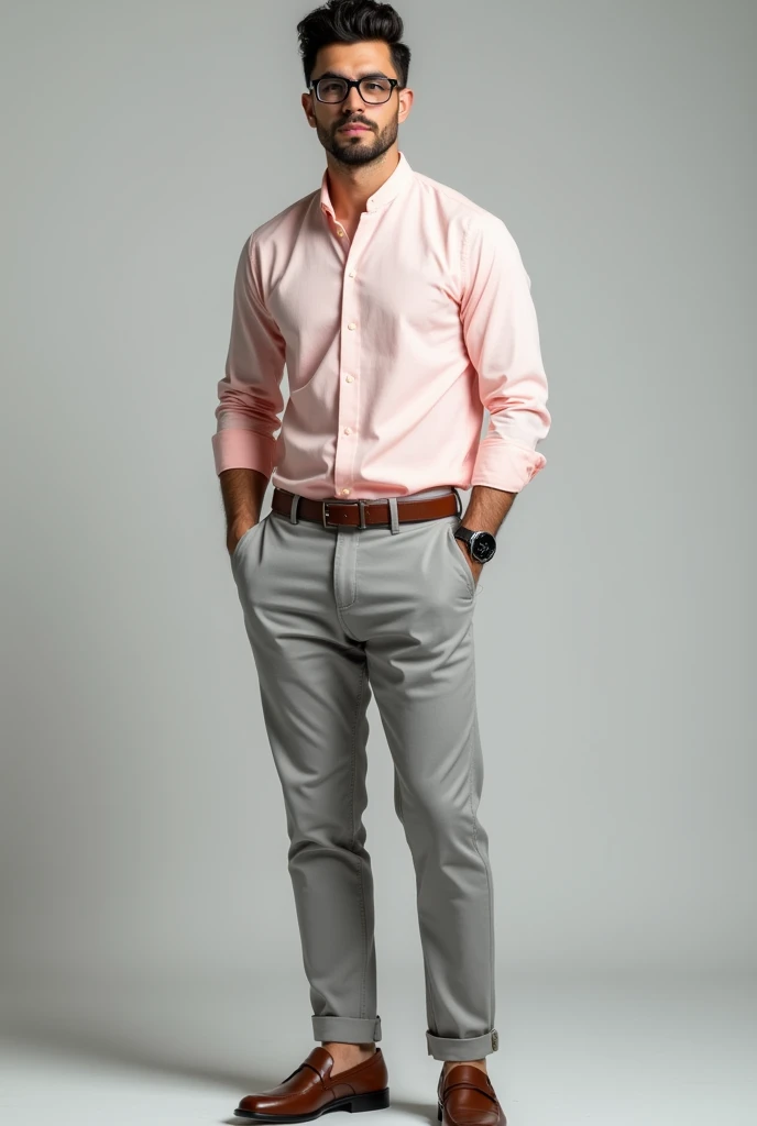 Smart athletic body,  man with light  smart small Beard with smart look wearing light baby pink chinese standing collar shirt tucked in with  belt, sleeves folded with light gray pants.with loafers . With smart short hair. Watch in left hand with brown strap. Realistic image with glasses. Full body image with cashual shoes.