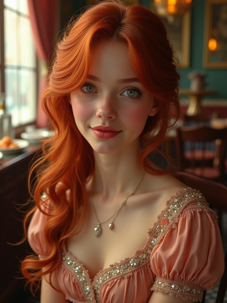 A cinematic photorealistic color digital painting of a 20 years old gorgeous appealing amative red haired woman [Kaya Scodelario : Maude Adams : 0.35] looking at viewer gently, ornated modest dress, blush, light laugh, sit on chair at a resto, detailed face, insanely detailed and intricate, crisp sharp and clear, volumetric lighting, ultra-high resolution, masterpiece hyper realistic artwork of Don Lawrence, insanely detailed and intricate, centered, cinematic aesthetic lighting art by Tim Burton trending on Artstation.