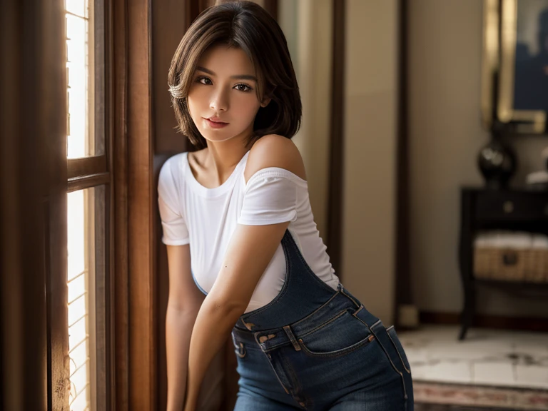 ((midnight, best quality, 8 thousand, masterpiece :1.3)), whole body, long legs, sharp focus :1.2, pretty girl with perfect body :1.4, slim abs :1.1, ((dark brown hair, big bust :1.2)), (white tight t-shirt, bib jeans, standing:1.2), ((Inside the house:1.3)), Highly detailed face and skin texture, detailed eyes, double eyelid, sunset, To become dark, backlight, off shoulder