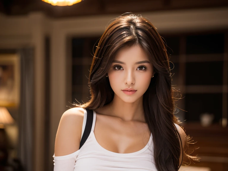 ((midnight, best quality, 8 thousand, masterpiece :1.3)), whole body, long legs, sharp focus :1.2, pretty girl with perfect body :1.4, slim abs :1.1, ((dark brown hair, big bust :1.2)), (white tight t-shirt, bib jeans, standing:1.2), ((Inside the house:1.3)), Highly detailed face and skin texture, detailed eyes, double eyelid, sunset, To become dark, backlight, off shoulder