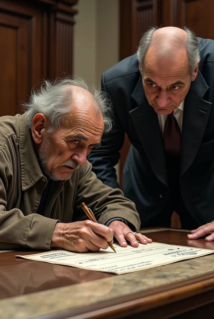 An old poor man was writing something on a bank check and the bank official was looking at it in amazement