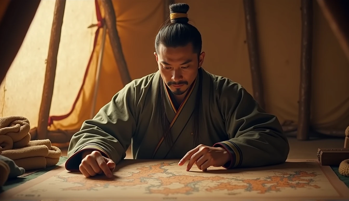 A screenshot from a movie clip,Shot with ultra-clear camera,Describe the Warring States Period,A military advisor from the state of Qi sat in his tent.,There is a map in front of him,He holds a bamboo slip in his left hand,Right hand pointing at the map